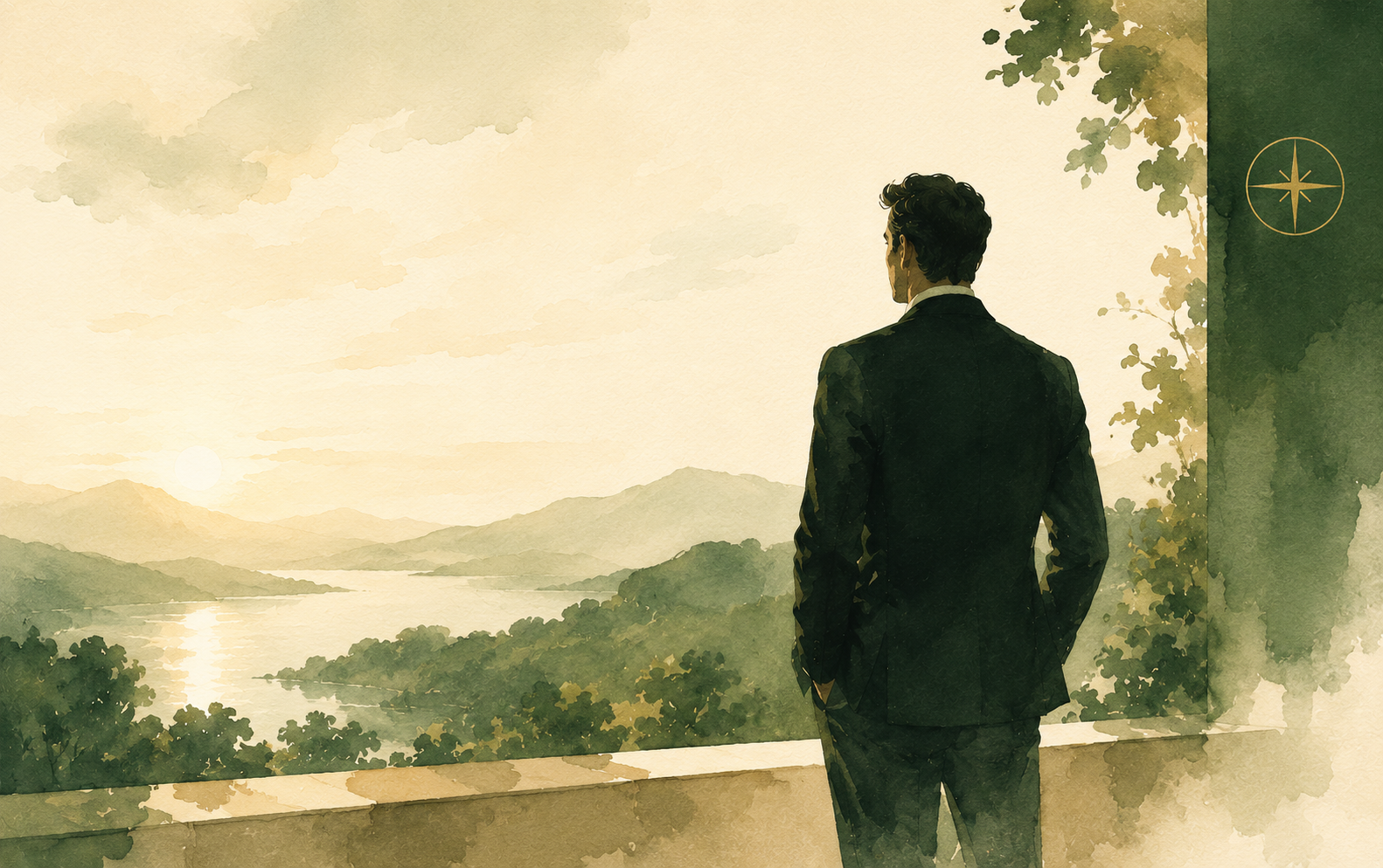 A leader in quiet reflection, looking out over a sunlit valley